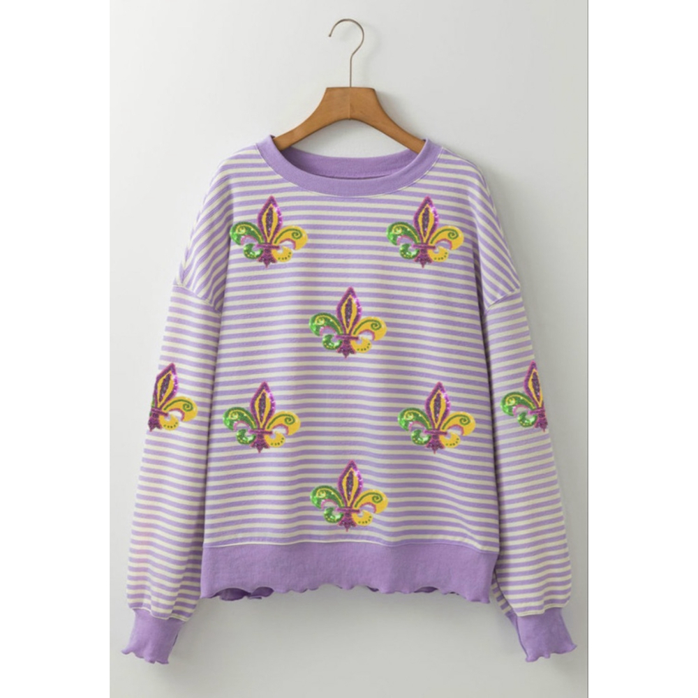 Purple Stripe Mardi Gras Sequin Fleur De Lis Patch Long Sleeve Top - Picture 8 of 11